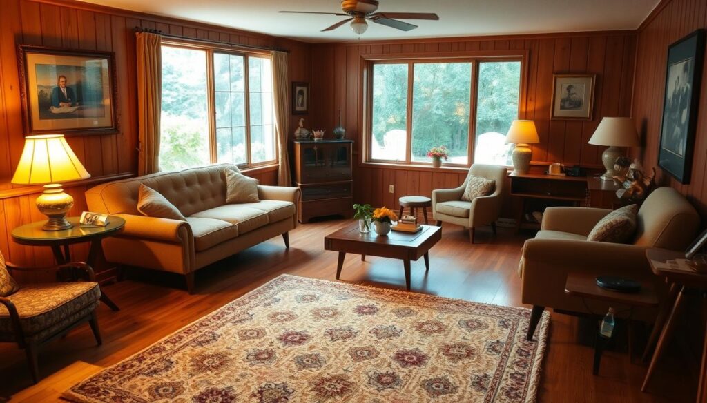 1950s home interior with area rug