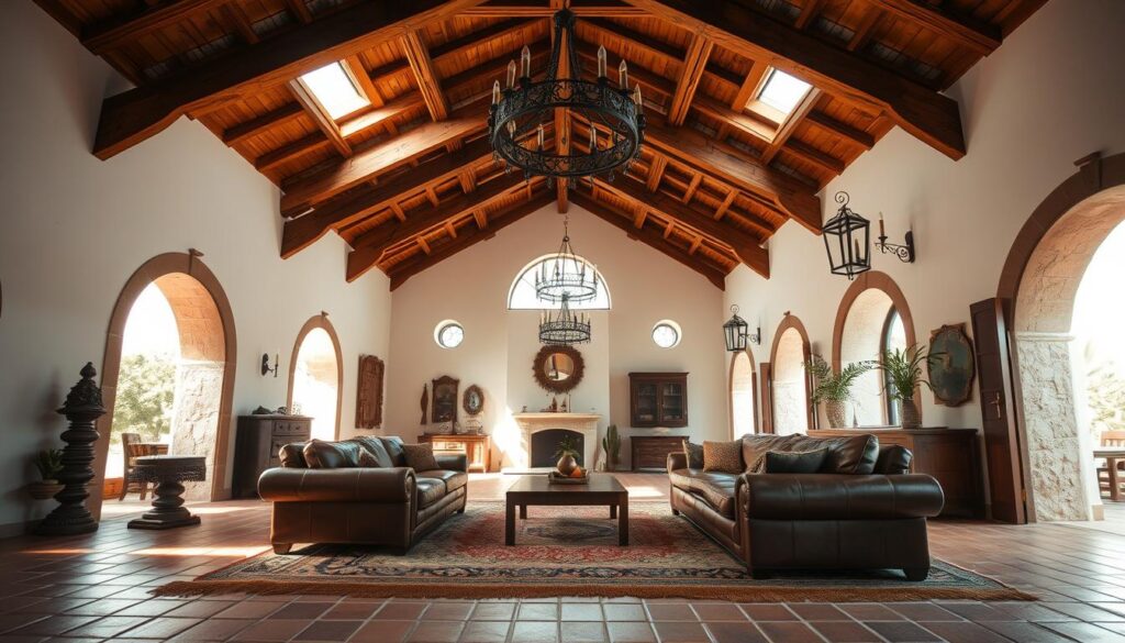 Spanish interior design with exposed beams and vaulted ceilings